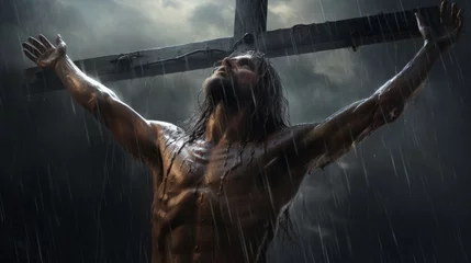 Fotobehang jesus on the cross, raining, storm, copy space, 16:9 © Christian