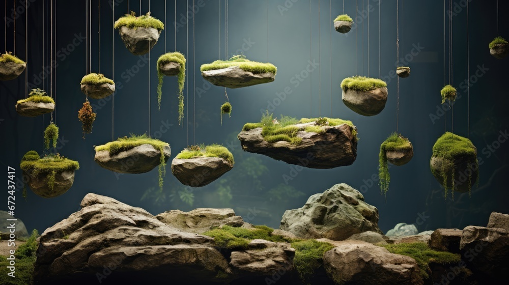 Poster a group of moss hanging from strings in a dark room with rocks and moss growing out of the top of th