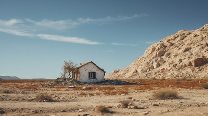 House surrounded by a dry plot, concept: climate change, copy space, 16:9
