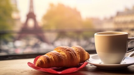 parisian cafe, a close up of a coffee cup with a croissant on a plate beside it, copy space, 16:9 - obrazy, fototapety, plakaty