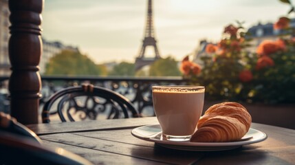 parisian cafe, a close up of a coffee cup with a croissant on a plate beside it, copy space, 16:9 - obrazy, fototapety, plakaty