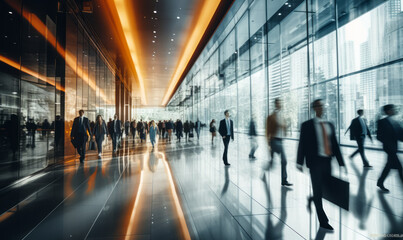Blur of Ambition: Business People Hustling in Bright Office Lobby Captured in Long Exposure
