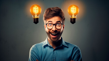 Picture of happy and accomplished guy in blue shirt and glasses, suddenly had great idea and two light bulbs above his head lit up - obrazy, fototapety, plakaty