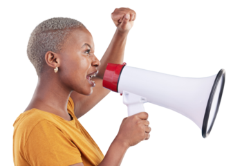 Woman, fist and megaphone for announcement, protest or freedom of speech isolated on transparent png background. African model, audio speaker and shout for attention, human rights or rally of justice