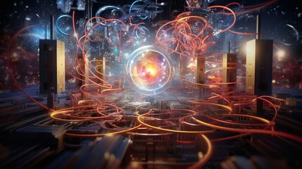 a hyper-realistic scene illustrating the artistry of Quantum Computing, where quantum algorithms and entanglement unlock the secrets of the universe