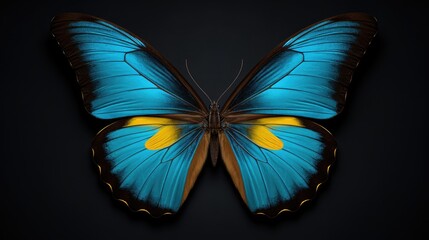  a close up of a butterfly with a blue and yellow butterfly on it's back and a black background.  generative ai