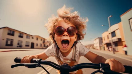 Fotobehang Portrait little cute adorable blonde girl in cool glasses enjoy having fun riding exercise bike in city street road yard, child first bike © MYDAYcontent