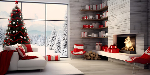 Cozy and modern home interior with a fire place and Christmas tree with presents, big light windows