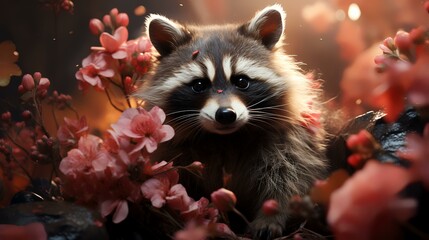 Art illustration of cute raccoon in flower - obrazy, fototapety, plakaty