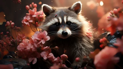 Tuinposter Art illustration of cute raccoon in flower © Sumera