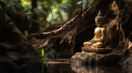Fototapeta na wymiar Golden Buddha statue under tree branch outdoors