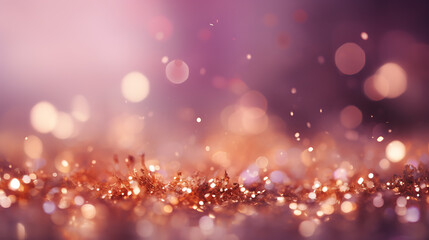 Fototapeta na wymiar An abstract background with soft lavender and rose gold particles. Glowing sunrise light shine particles bokeh on a dusky pink background. Gold foil texture created with AI technology