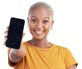 Black woman, portrait and phone screen for advertising or marketing isolated on a transparent PNG background. Face of African female person smile showing mobile smartphone display, information or app - obrazy, fototapety, plakaty