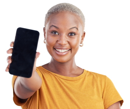 Black woman, portrait and phone screen for advertising or marketing isolated on a transparent PNG background. Face of African female person smile showing mobile smartphone display, information or app
