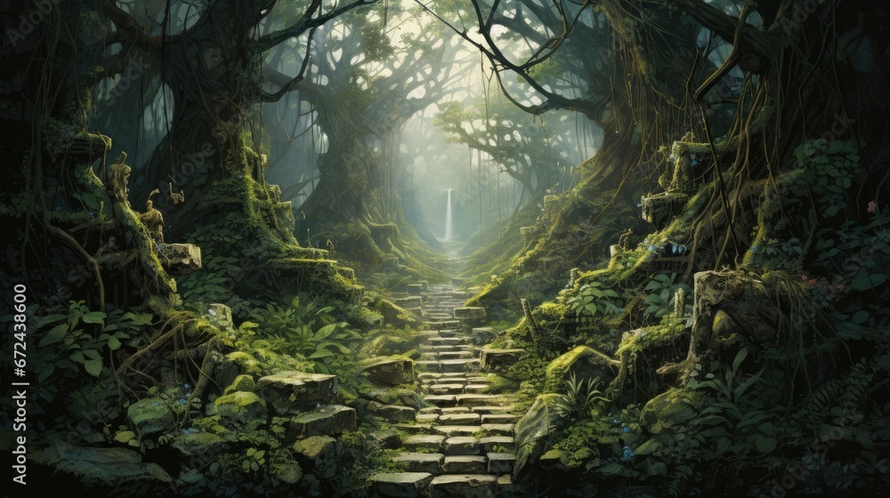 Poster a painting of a path in the middle of a forest with moss growing on the ground and trees on either s