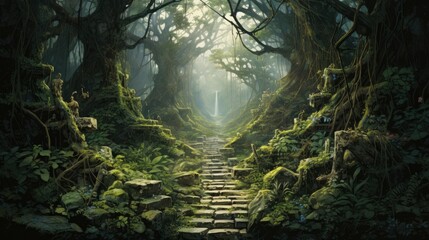 a painting of a path in the middle of a forest with moss growing on the ground and trees on either side of the path.  generative ai