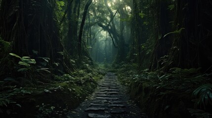 a path in the middle of a forest with lots of trees and plants on either side of the path is a stone path.  generative ai