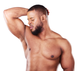 Man, armpit and bad smell in studio for body odor, sports deodorant and cleaning for skincare. African model or bodybuilder with underarm care for fitness hygiene on a transparent, png background