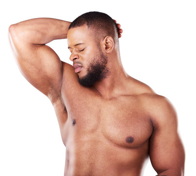Man, armpit and bad smell in studio for body odor, sports deodorant and cleaning for skincare. African model or bodybuilder with underarm care for fitness hygiene on a transparent, png background