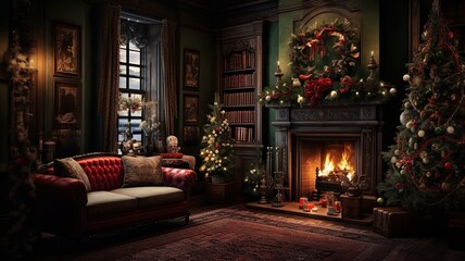 Horizontal view of a Christmas decorated home, cosy and warm living room AI generated