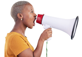 Woman, megaphone and shout for announcement, freedom of speech and gender equality isolated on...
