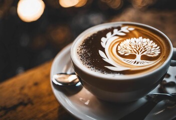 AI generated illustration of a cup of cappuccino with a creative latte art depicting a tree - obrazy, fototapety, plakaty