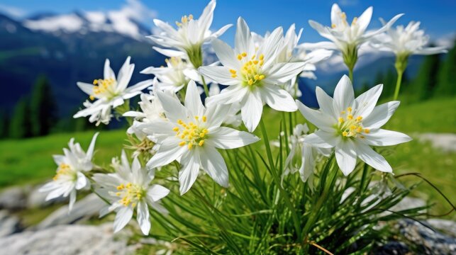  a group of white flowers sitting on top of a lush green field next to a mountain covered in snow covered mountains.  generative ai