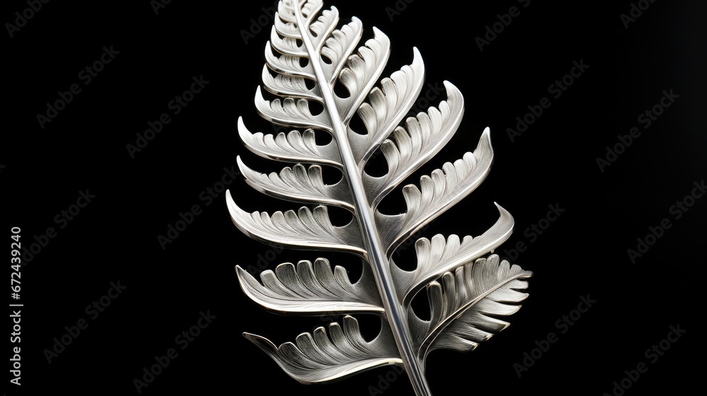 Poster a close up of a silver leaf on a black background with a reflection of the leaf on the left side of 