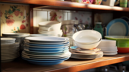 Stacked dishes on wooden shelves.