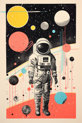 Vintage style illustration of a space astronaut. Abstract science fiction poster or banner