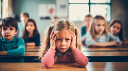 Sad or bored young little schoolgirl, blond hair and pink dress, sitting at table holding head in hands and looking directly at camera