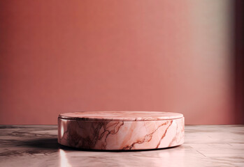 Ai generated.The circle podium for the presentation of the product is made of pink marble with gold veins . Against coral bckground - obrazy, fototapety, plakaty