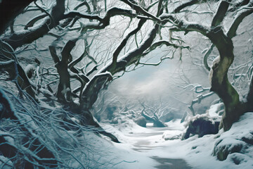 The frozen branches of a tree in a winter woods, in the style of gothic dark and moody tones. Autumn and winter mood