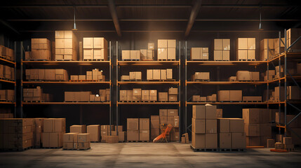 Industrial Storage Space with Cardboard Boxes and Racks