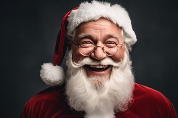 Happy smiling Santa Claus in glasses looking at the camera on a gray background close up