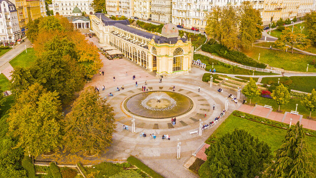 Aerial view of Singing Fountain in Marianske Lazne spa (Marienbad). Town is part of UNESCO World Heritage Site. Famous spa town with curative carbon dioxide springs in West Bohemia, Czech republic.