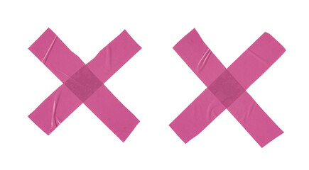 Pink adhesive tapes. Cross torn sticky tape set. Wrinkled red adhesive tape pieces.