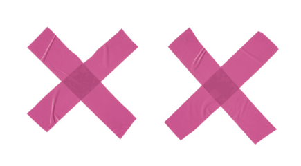 Pink adhesive tapes. Cross torn sticky tape set. Wrinkled red adhesive tape pieces.