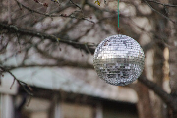 Close up of a disco ball hanging in tree