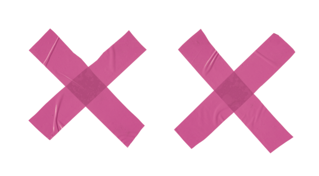 Pink adhesive tapes. Cross torn sticky tape set. Wrinkled red adhesive tape pieces.