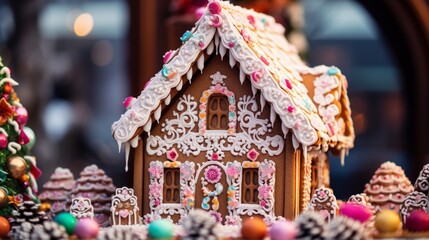 A close-up of an ornate gingerbread house, decorated with candy and icing.