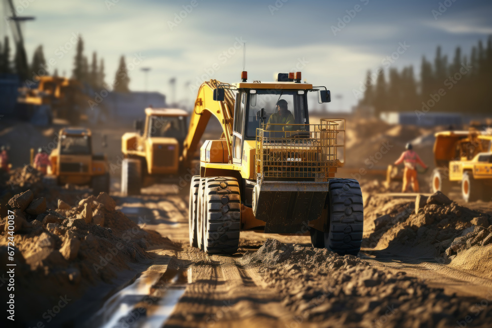 Poster a construction site with workers operating heavy machinery to build a new highway, illustrating the 