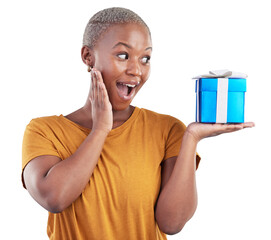 Surprise gift, box and black woman excited, wow and happy reaction on transparent, png background....