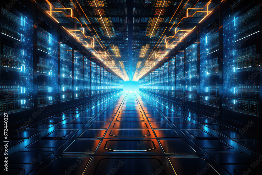 Poster a massive data center with rows of servers processing information, representing the concept of infor