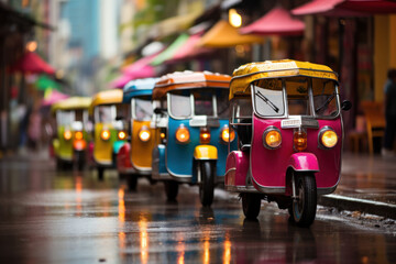 A row of colorful tuk-tuks navigating the bustling streets of Bangkok, representing the Concept of...