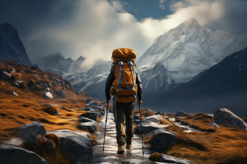 A hiker carrying a backpack and trekking poles on a mountain trail, representing the Concept of outdoor adventure and trekking. Generative Ai. - obrazy, fototapety, plakaty