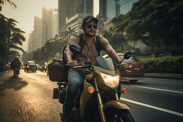 A motorcycle taxi driver navigating through traffic in an Asian city, emphasizing the Concept of...