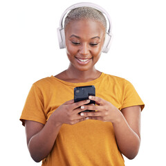 Headphones, happy and young black woman with phone listening to music, podcast or radio. Smile,...