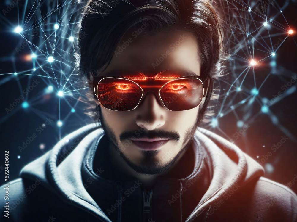 Poster anonymous hacker, surrounded by a network of glowing data. cybersecurity, cyber crime, cyberattack