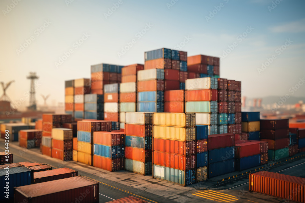 Poster a stack of shipping containers at a bustling port, capturing the concept of containerization and eff
